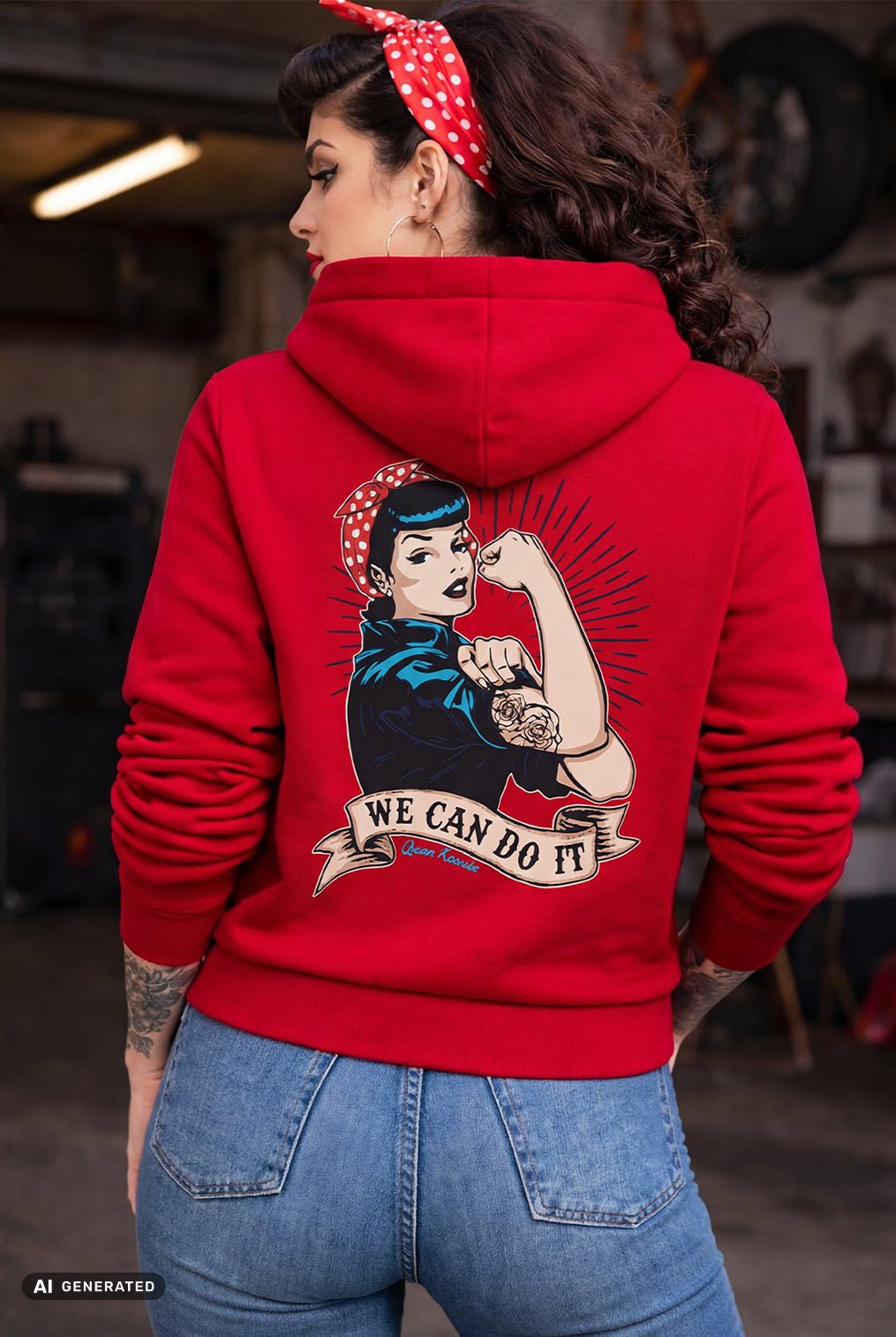 Hoodie 'We Can Do it' in Rot Kapuzenpullover von Queen Kerosin