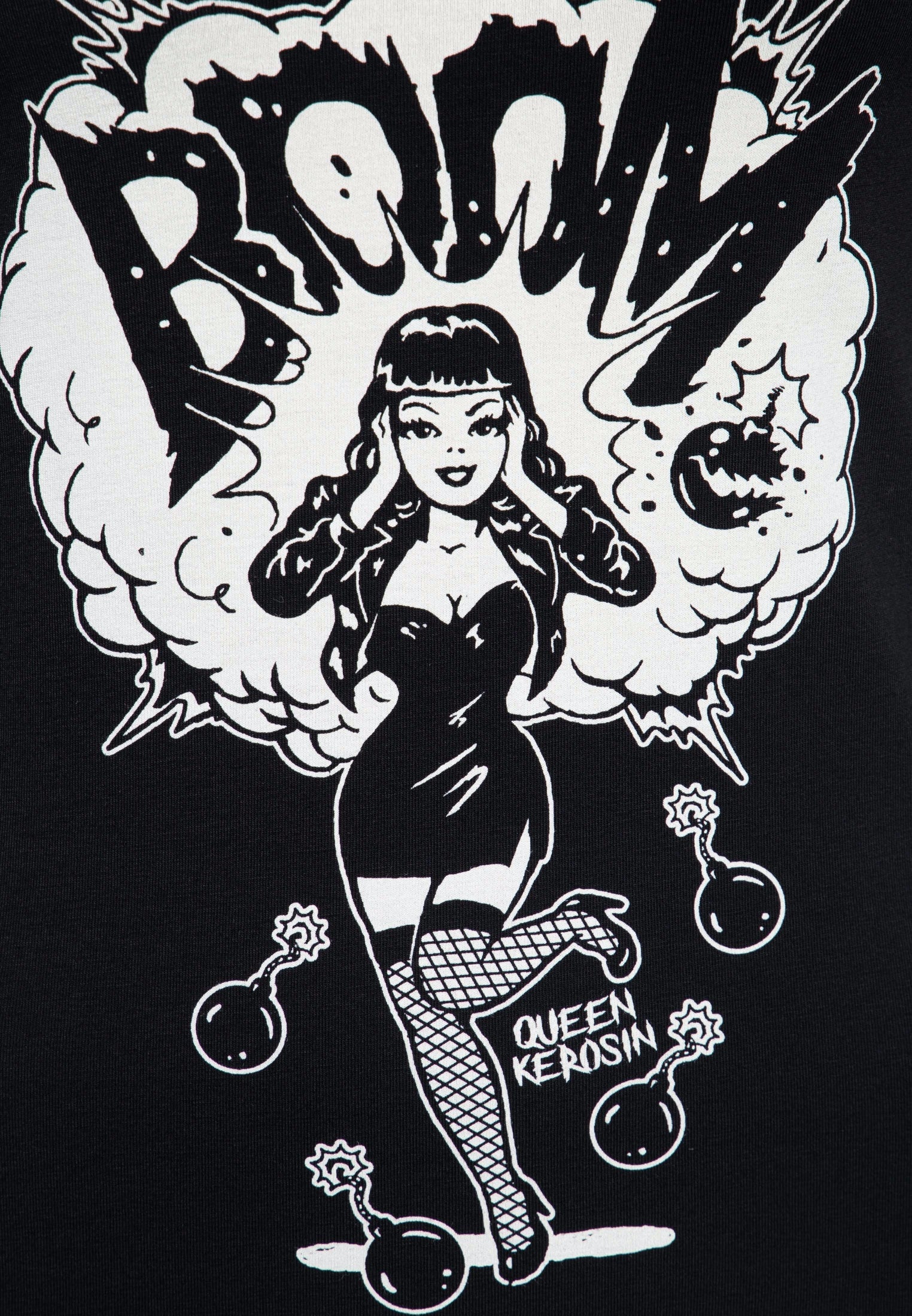 Queen Kerosin - Printshirt mit V-Ausschnitt «Boom»
