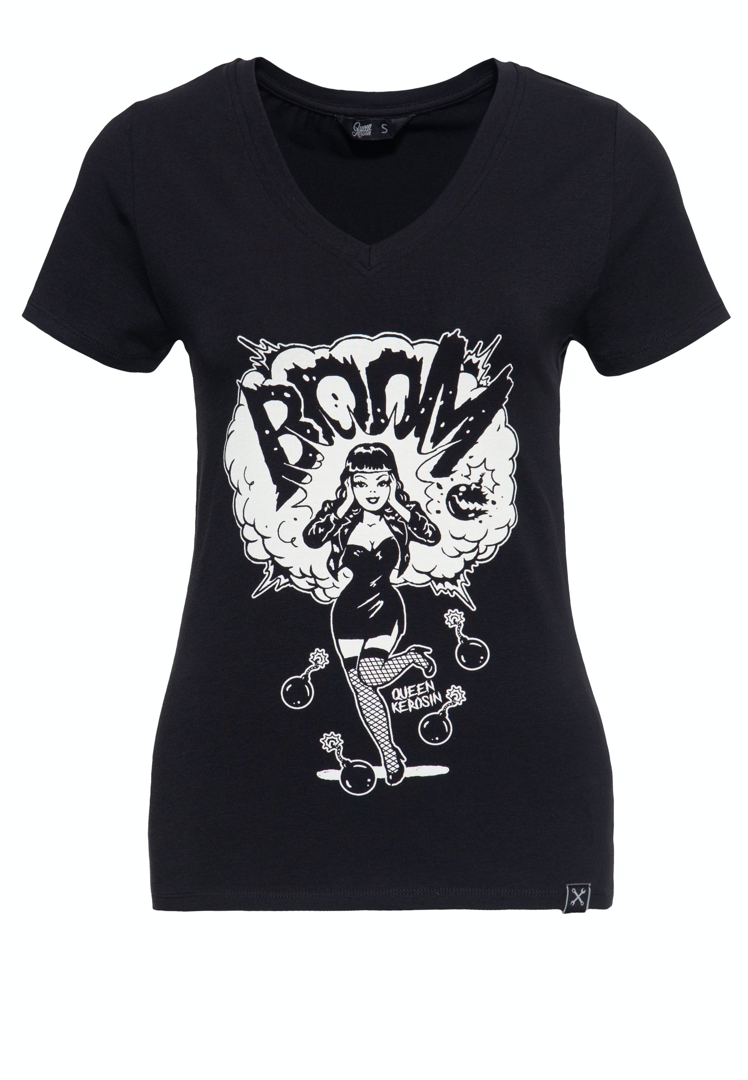 Queen Kerosin - Printshirt mit V-Ausschnitt «Boom»