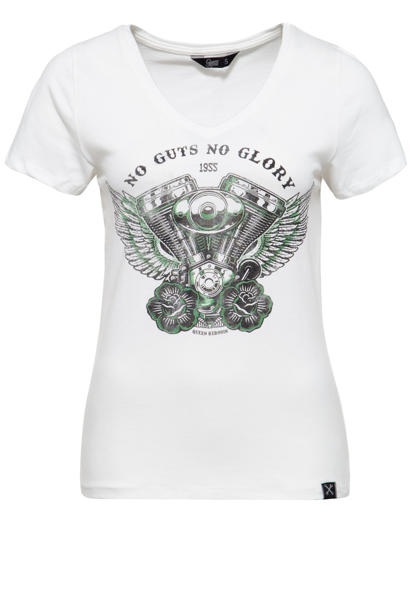Queen Kerosin - Printshirt mit V - Ausschnitt und Frontprint «No Guts No Glory»