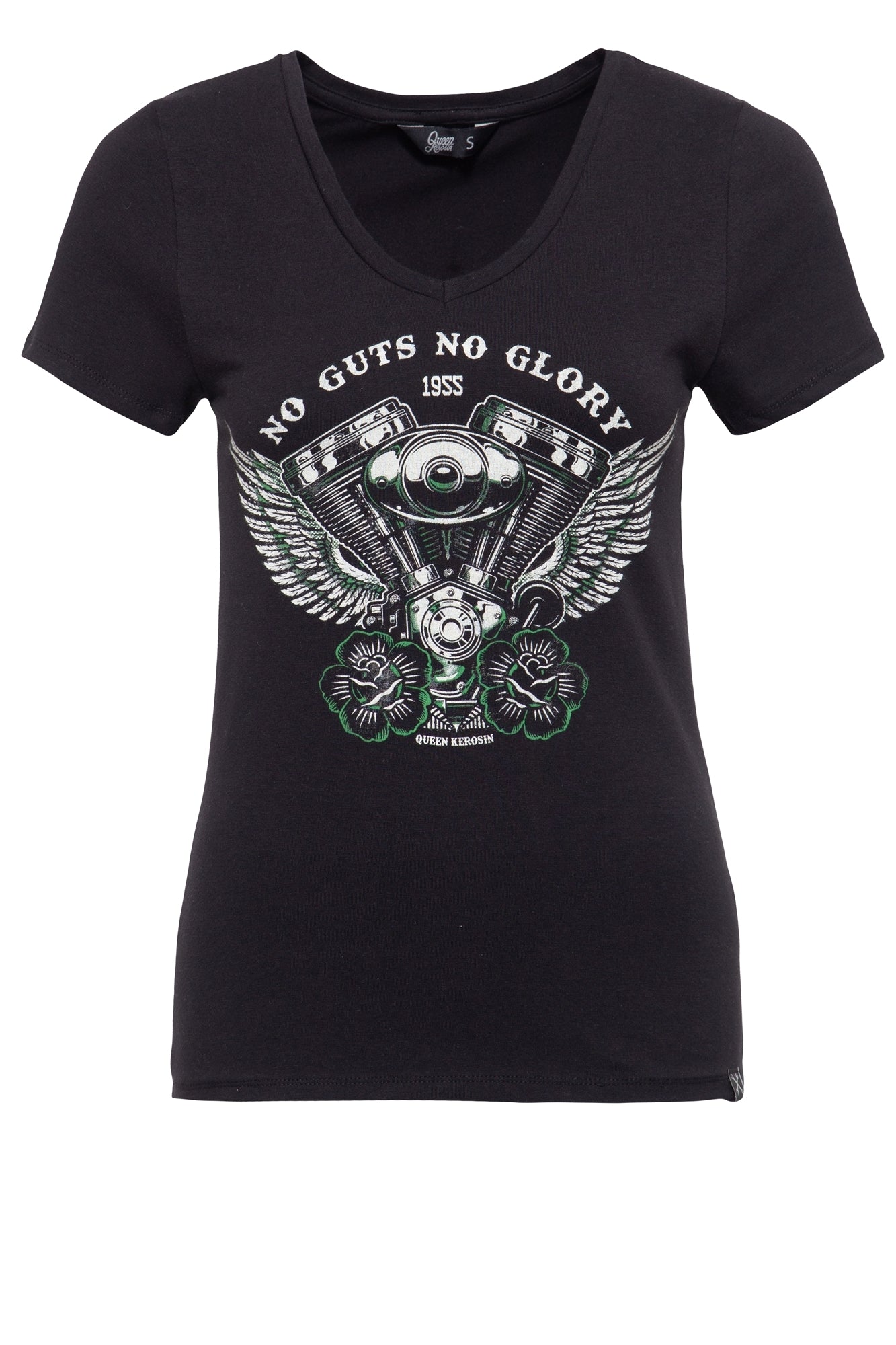 Queen Kerosin - Printshirt mit V - Ausschnitt und Frontprint «No Guts No Glory»