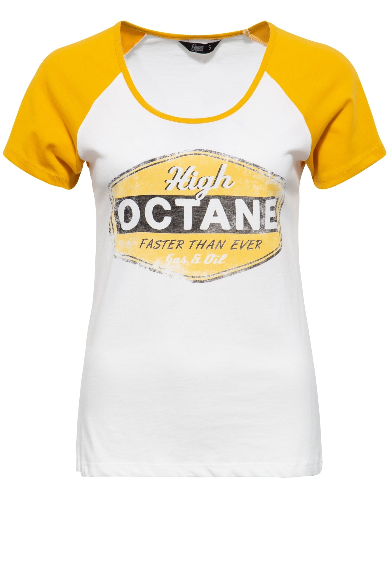 Queen Kerosin - Raglan T-Shirt mit kontrastierenden Ärmeln und Frontprint «High Octane»