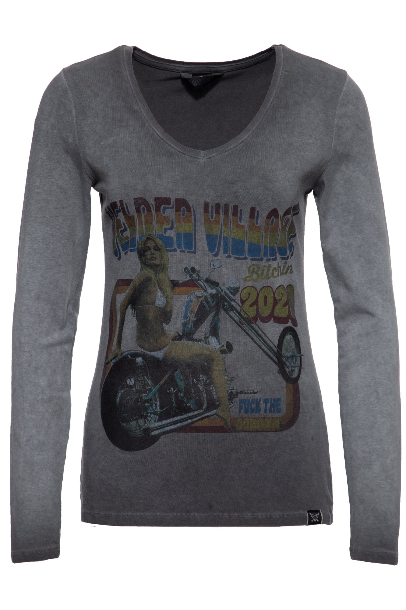 Slim Fit Longsleeve mit Retro - Print und Oilwash - Effekt «Velden Village 2020» Langarmshirts von Queen Kerosin