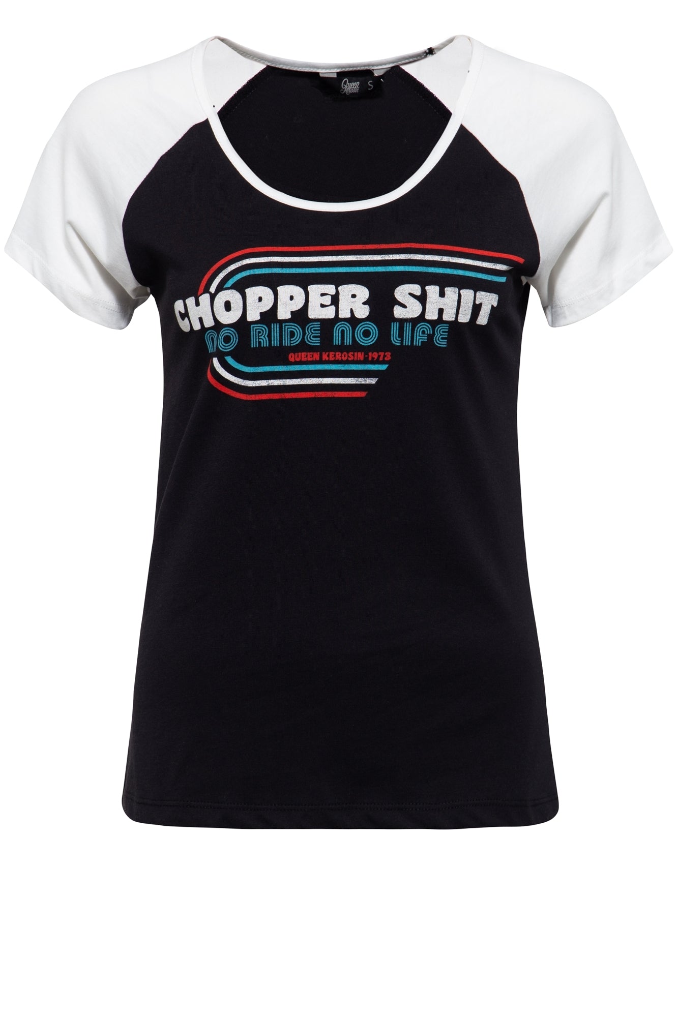 Queen Kerosin - T-Shirt mit kontrastierenden Raglan - Ärmeln und Frontprint «Chopper»