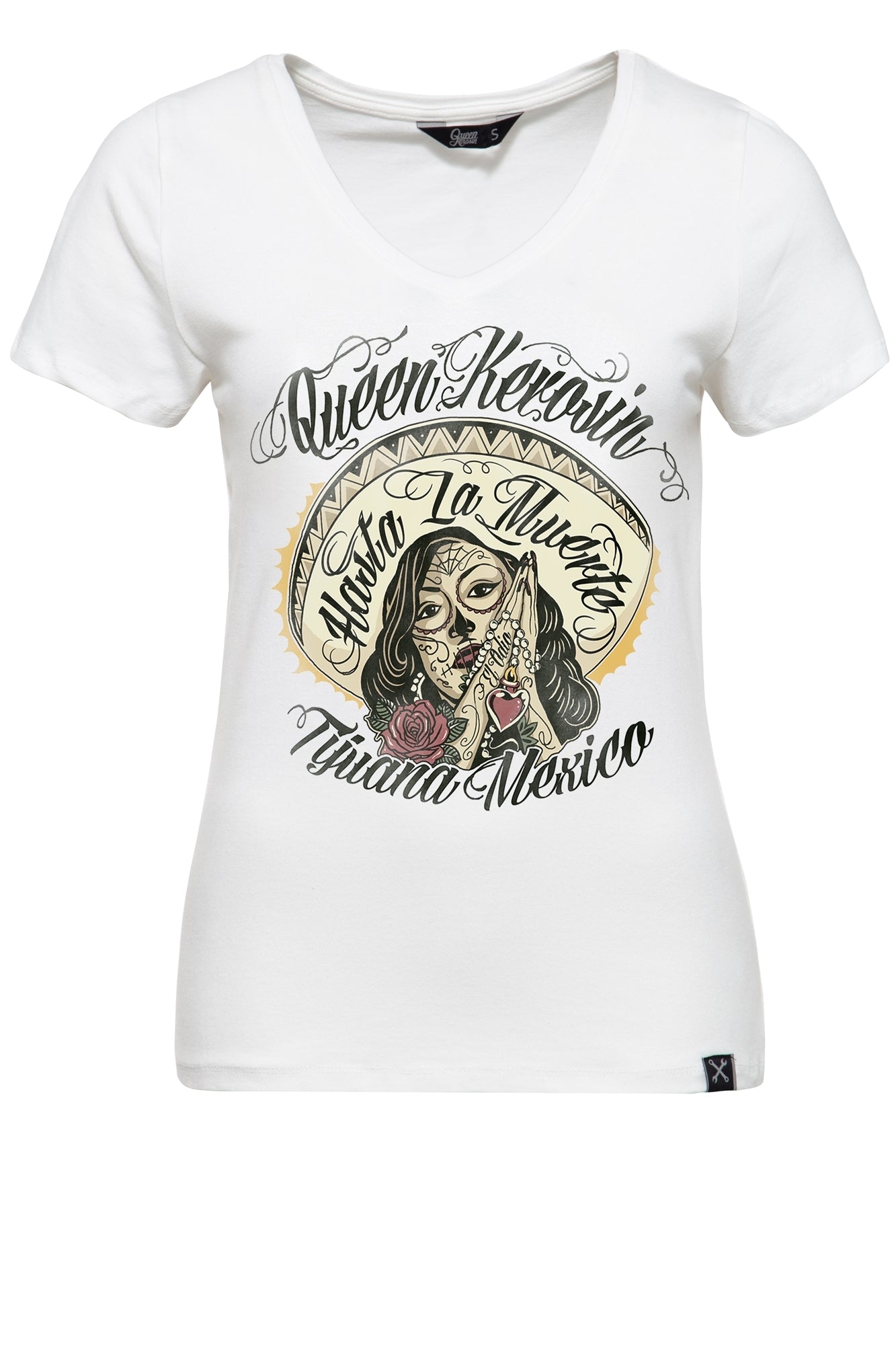 Queen Kerosin - T-Shirt mit V - Ausschnitt und Frontprint «Hasta La Muerte»