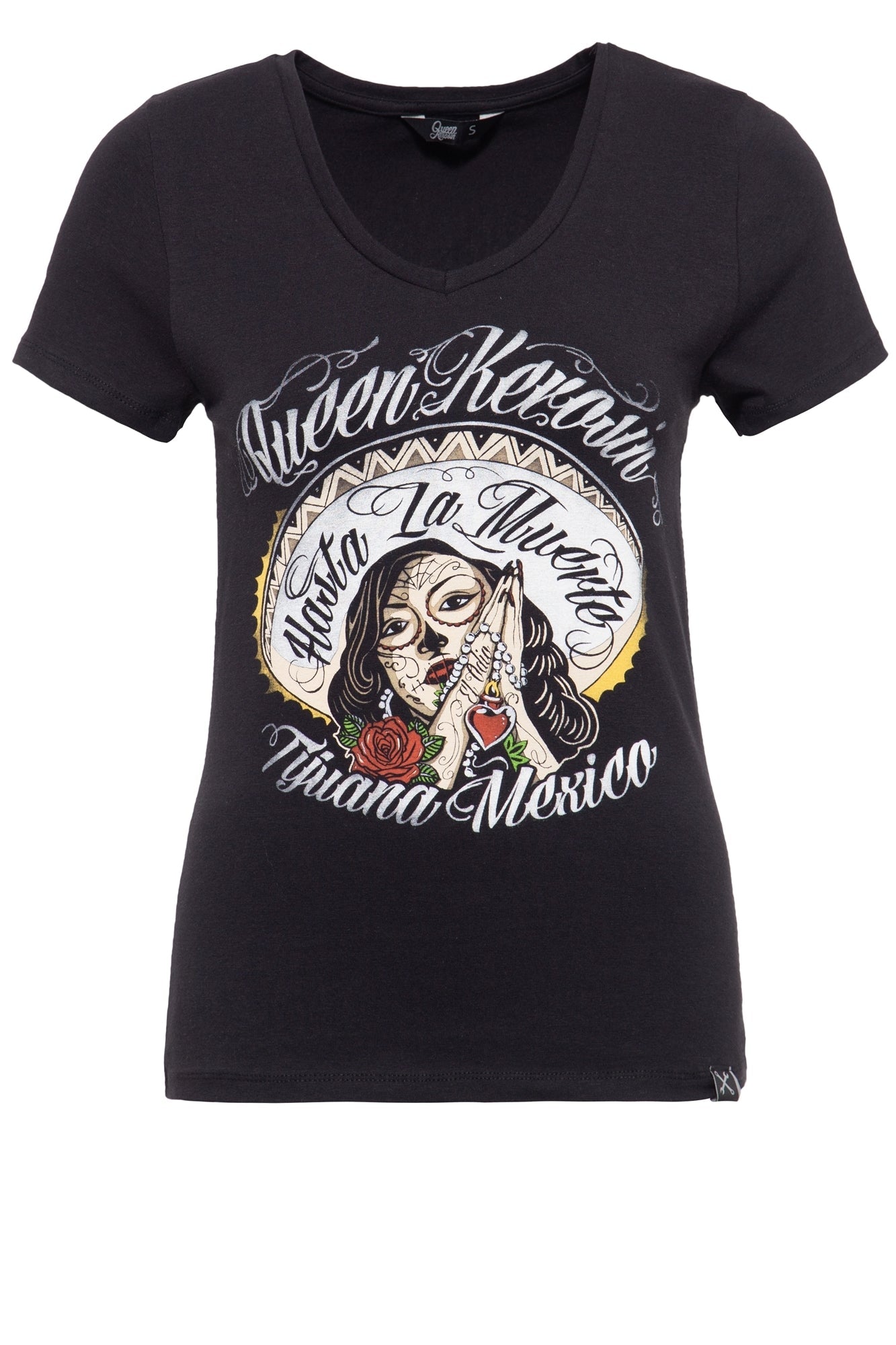 Queen Kerosin - T-Shirt mit V - Ausschnitt und Frontprint «Hasta La Muerte»
