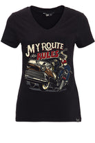 Queen Kerosin - T-Shirt mit V - Ausschnitt und Print im Retro - Stil «My Route My Rules»