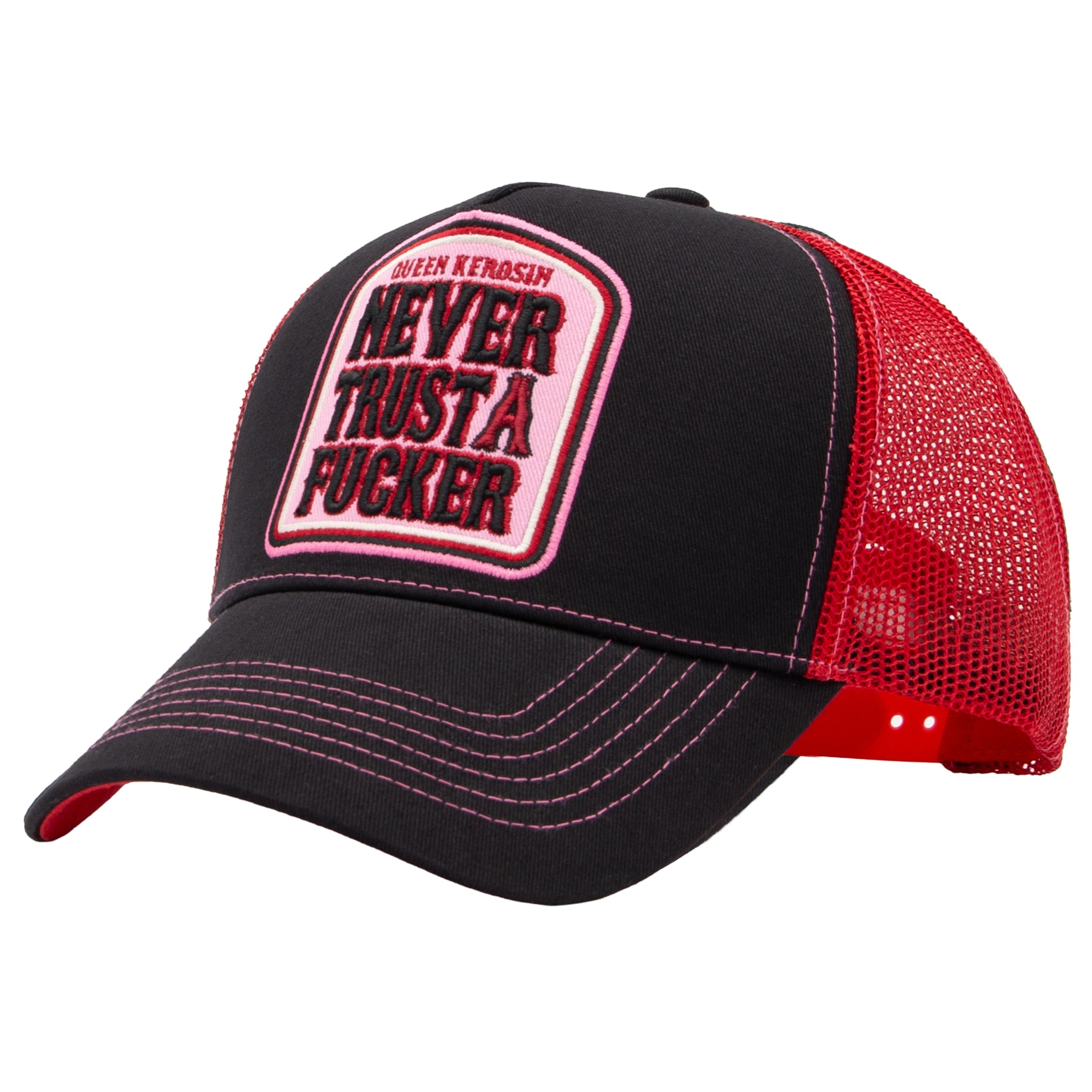Trucker Cap 'Never Trust A Fucker' in Schwarz Rot Trucker Cap von Queen Kerosin