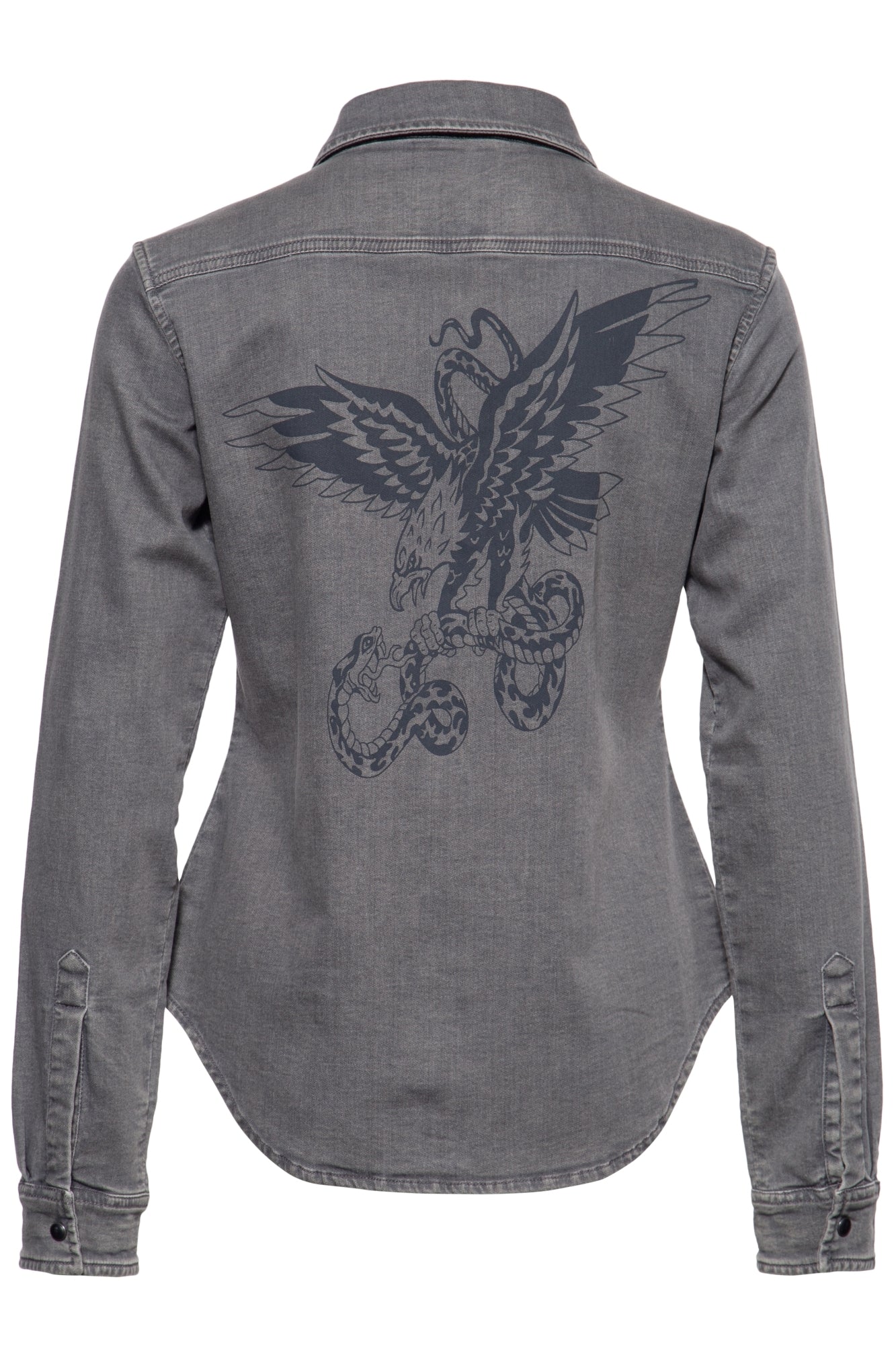 Queen Kerosin - Denim-Bluse mit legerem Waschungseffekt und Backprint