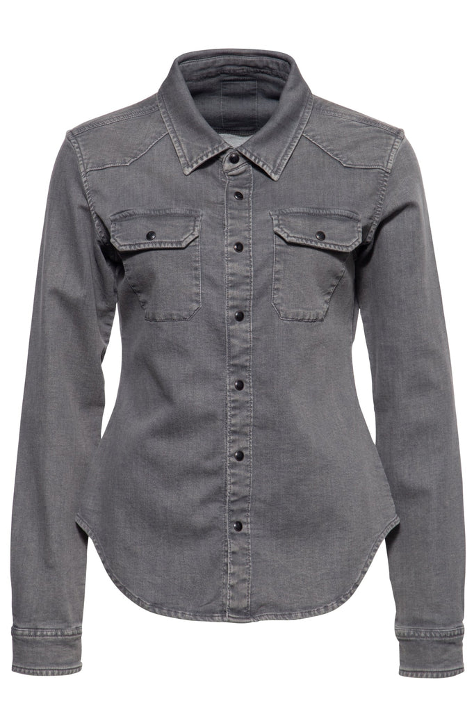 Queen Kerosin Denim-Bluse mit legerem Waschungseffekt und Backprint