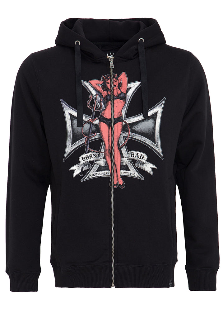 Queen Kerosin Kapuzensweatjacke mit Front Print «Born Bad»