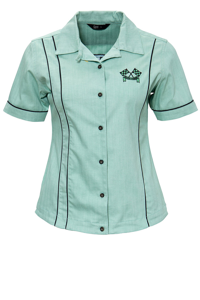 Queen Kerosin Kurzarm Reverskragen Bluse im Racing Design «Motor Queen»