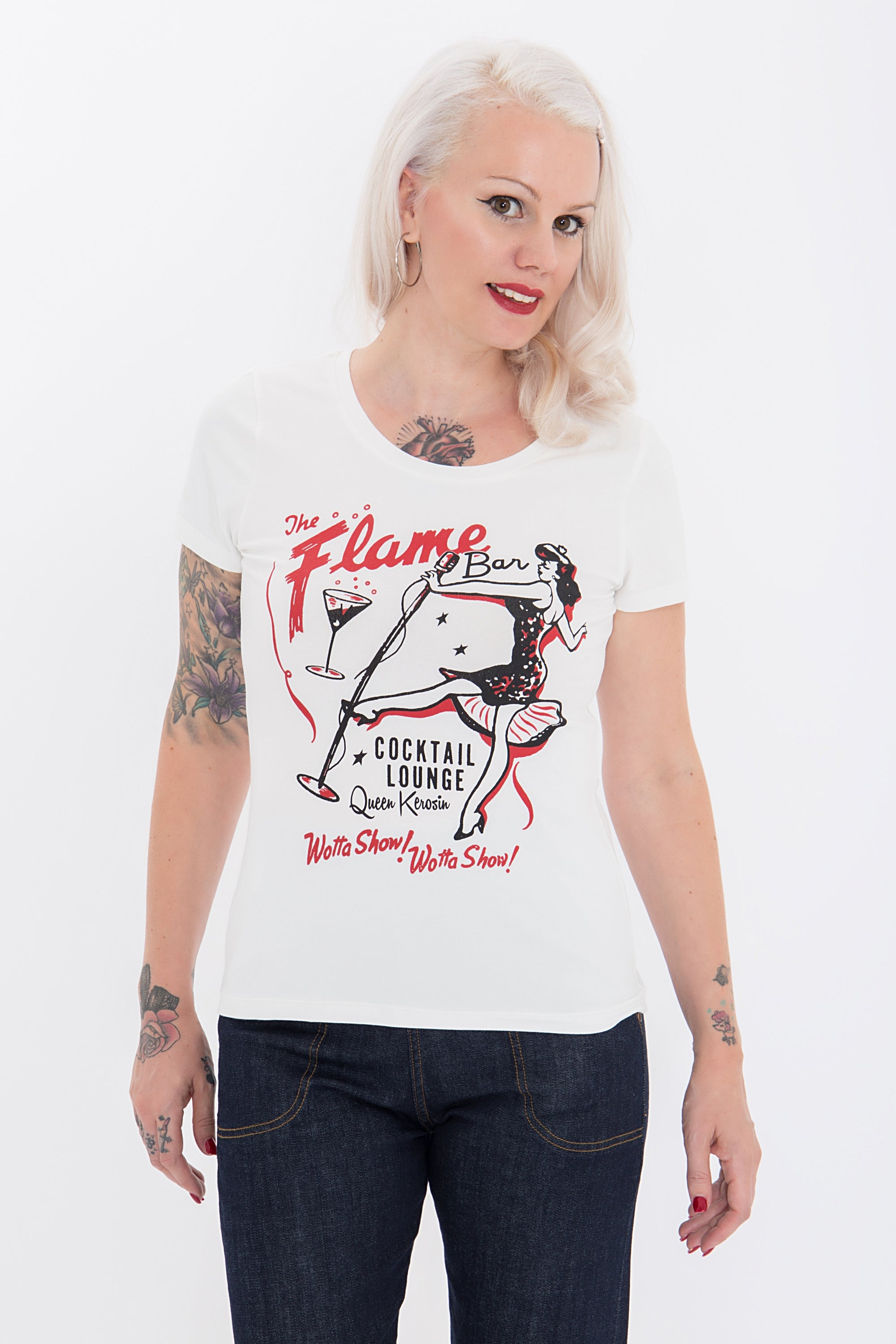 Queen Kerosin - Kurzarm Shirt mit coolem Retro-Print «Flame Bar»