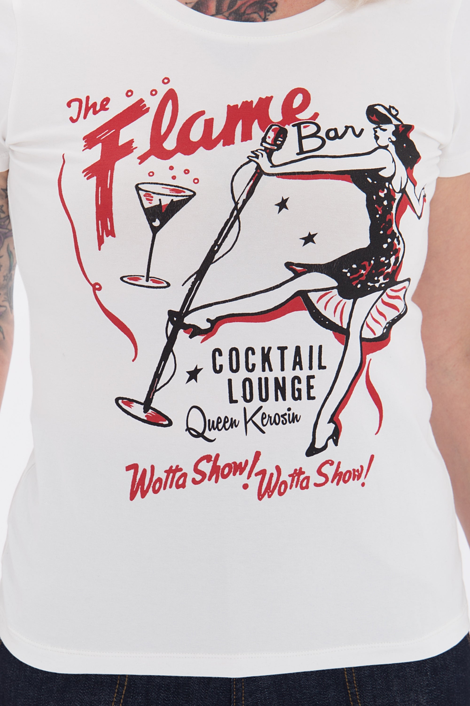 Queen Kerosin - Kurzarm Shirt mit coolem Retro-Print «Flame Bar»