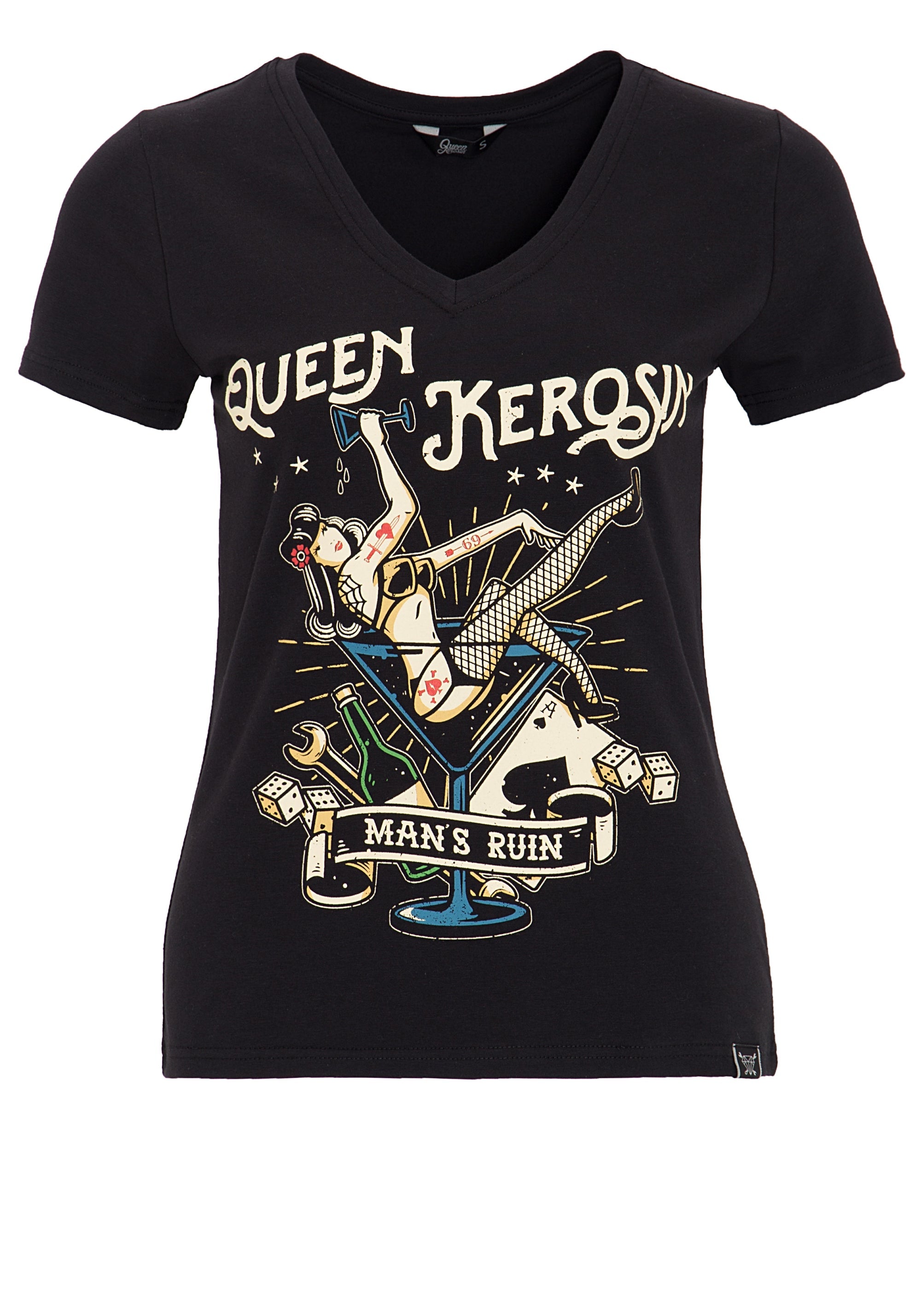 Queen Kerosin - Kurzarm Shirt mit mehrfarbigem Retro-Print und Logo-Patch «Mans Ruin»