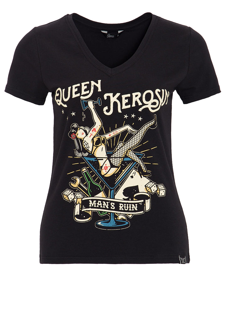 Queen Kerosin Kurzarm Shirt mit mehrfarbigem Retro-Print und Logo-Patch «Mans Ruin»