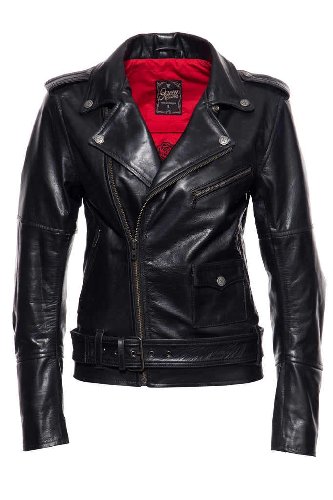 Queen Kerosin Lederjacke mit Bikerkragen und Gürtel am Saum