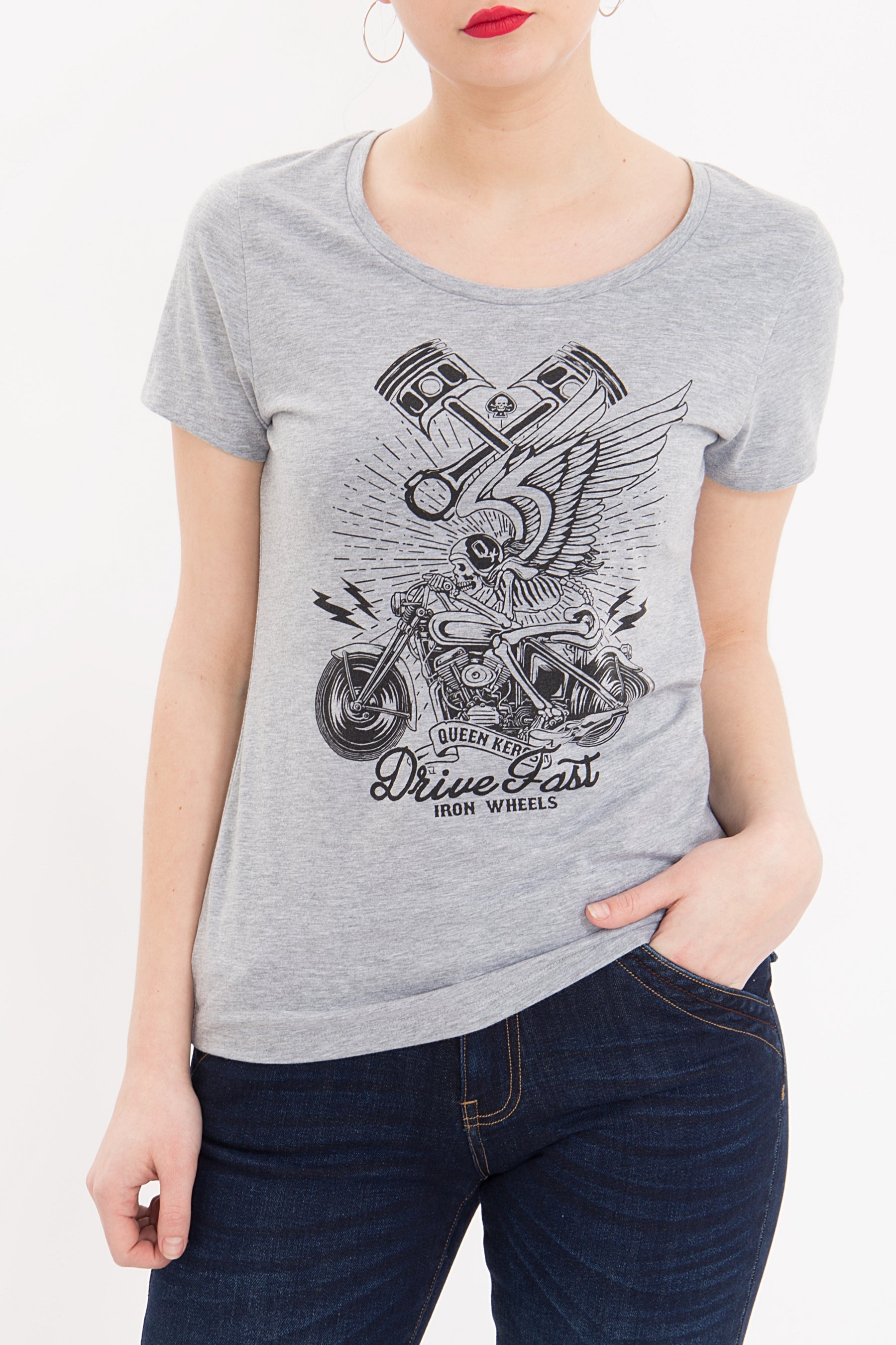 Queen Kerosin - Melange Shirt aus Melange Jersey mit Front Motiv «Drive Fast»