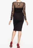 Queen Kerosin - Mesh Bleistiftkleid mit Rosen-Stickerei