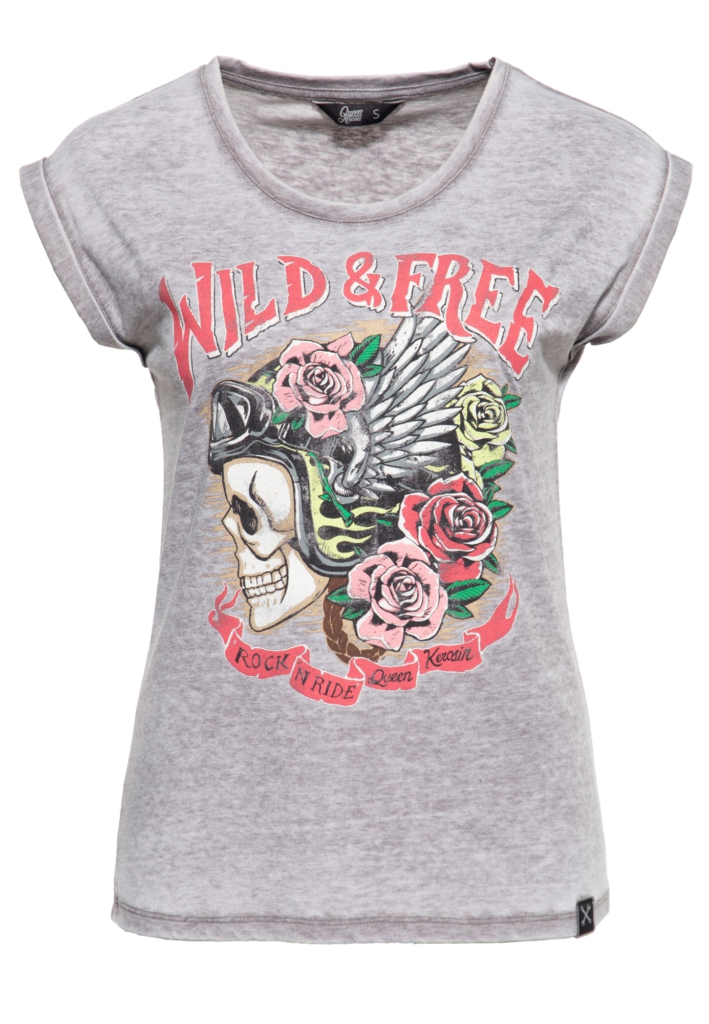 Queen Kerosin - Roll-Up T-Shirt Enzymwash mit Print «Wild Free»
