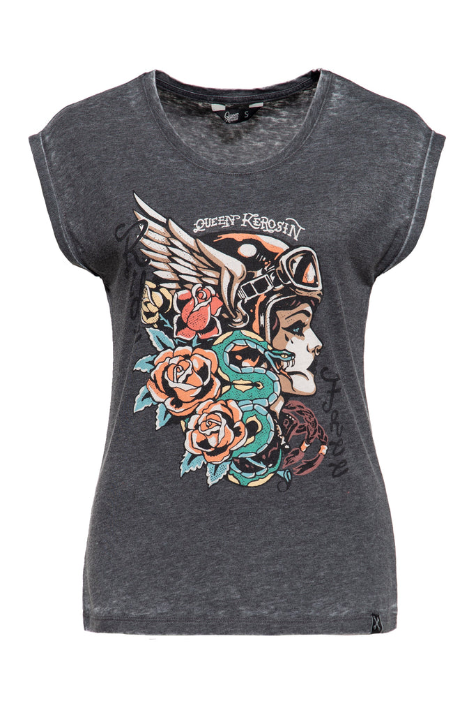 Queen Kerosin Sleveless Enzymewash Shirt «Snake Girl»