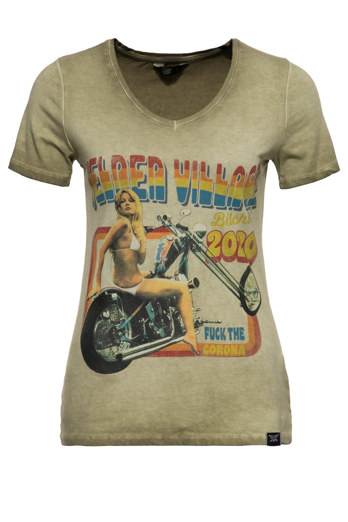 Queen Kerosin Slim Fit T-Shirt mit Retro-Print und Oilwash-Effekt «Velden Village 2020»