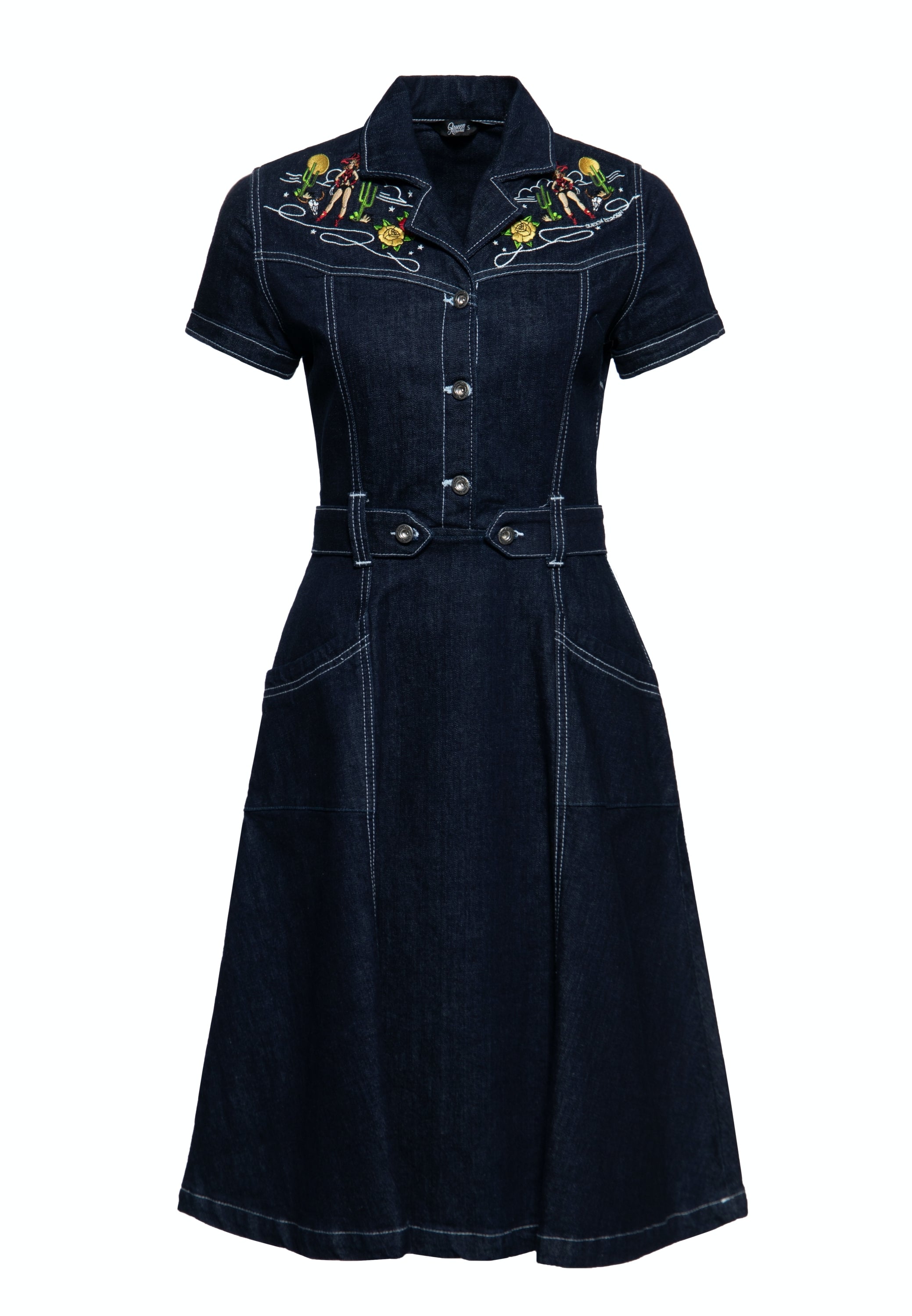 Queen Kerosin - Swing Jeanskleid mit Stickereien