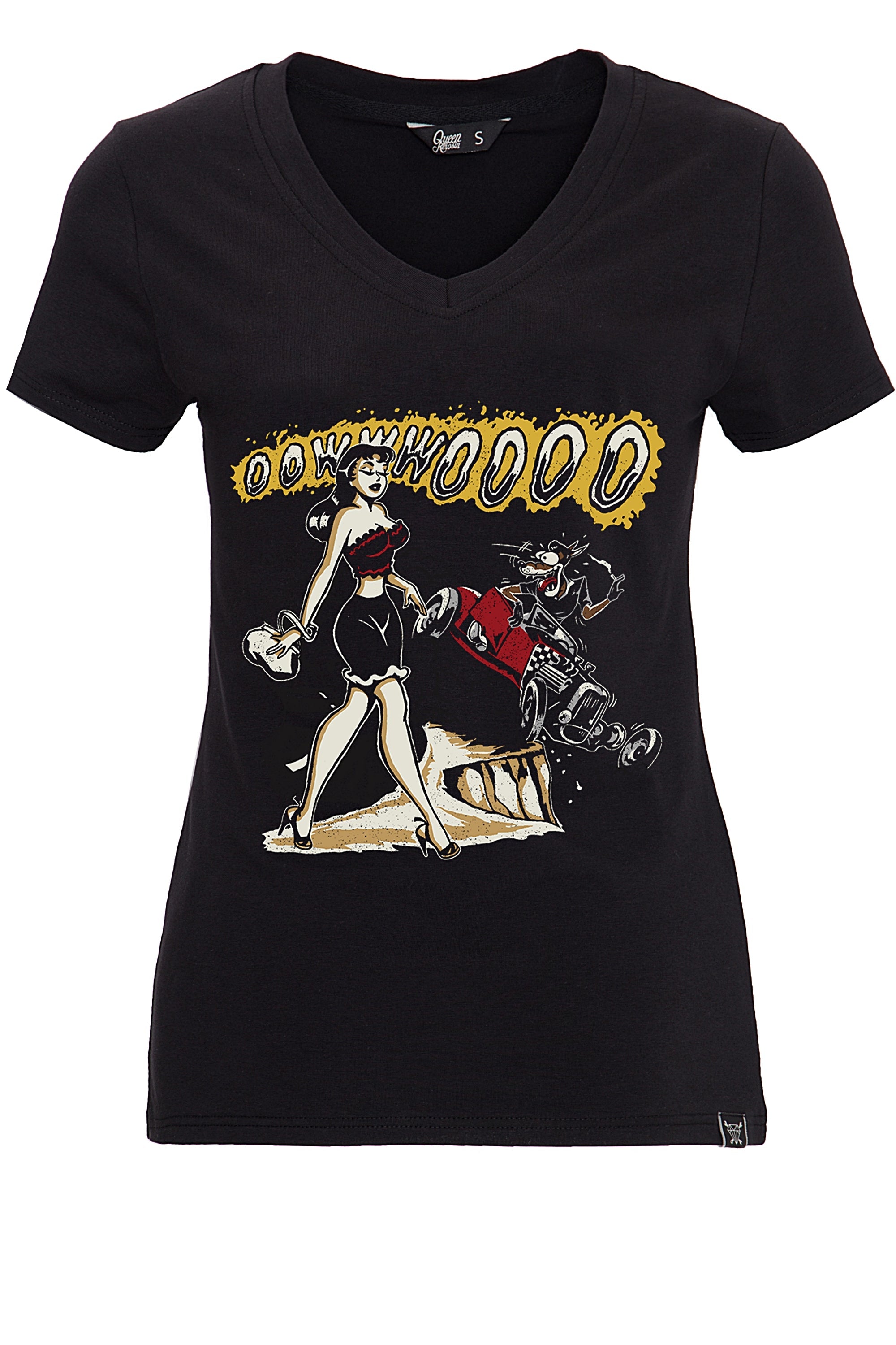 Queen Kerosin - T-Shirt mit Frontprint und V-Ausschnitt «Oowwwoooo»