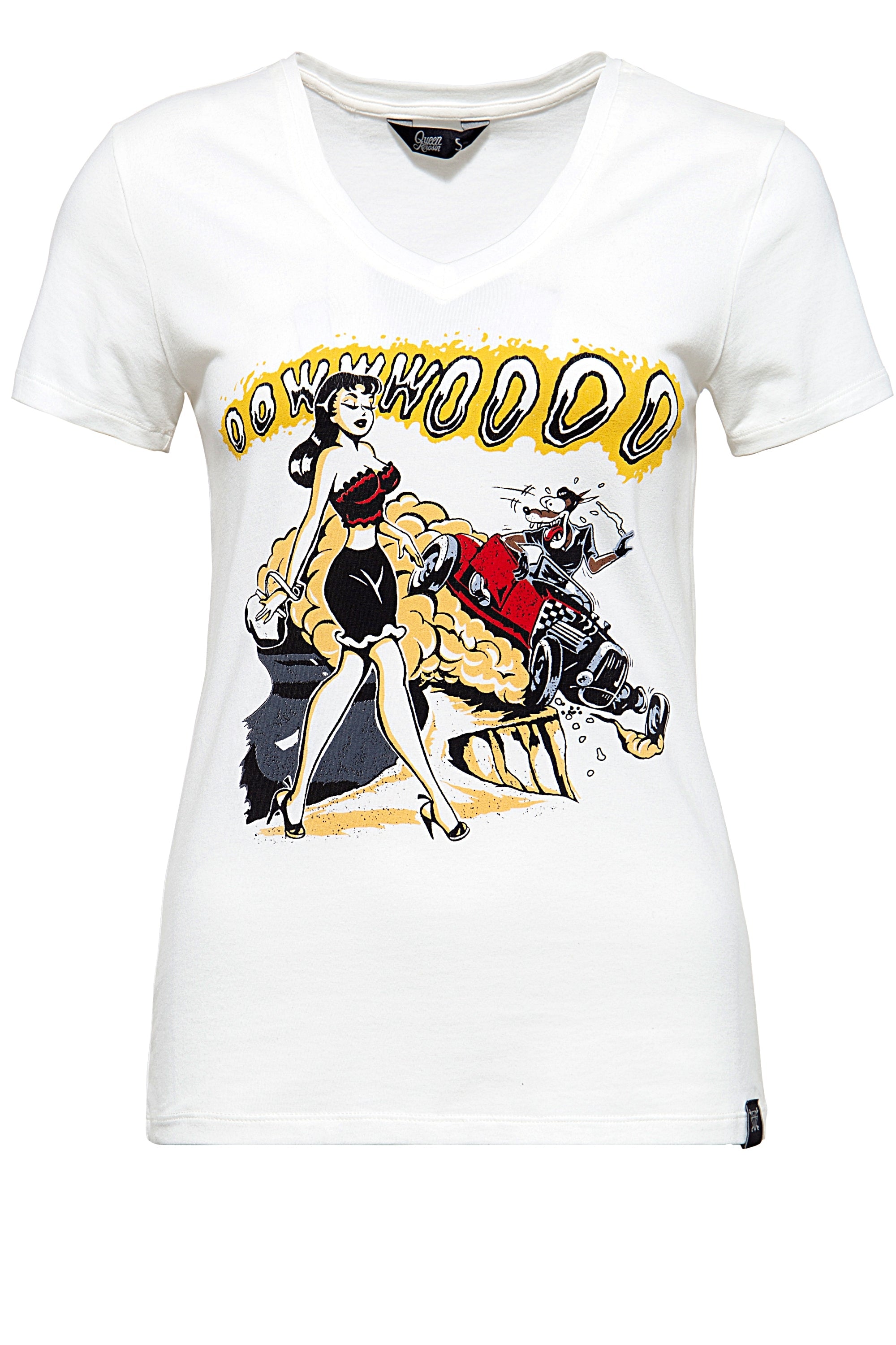 Queen Kerosin - T-Shirt mit Frontprint und V-Ausschnitt «Oowwwoooo»