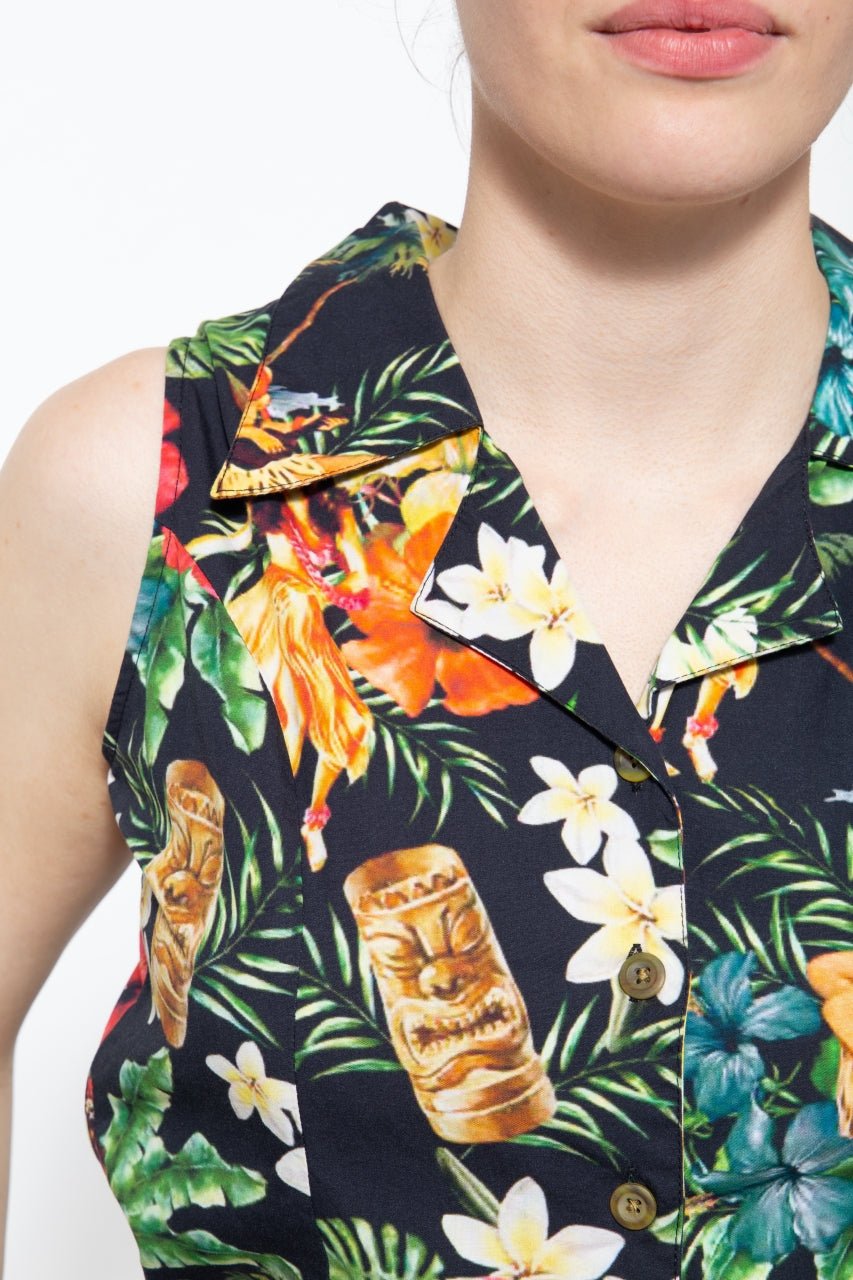 Queen Kerosin - Vintage Jumpsuit mit tropischem All-Over-Muster