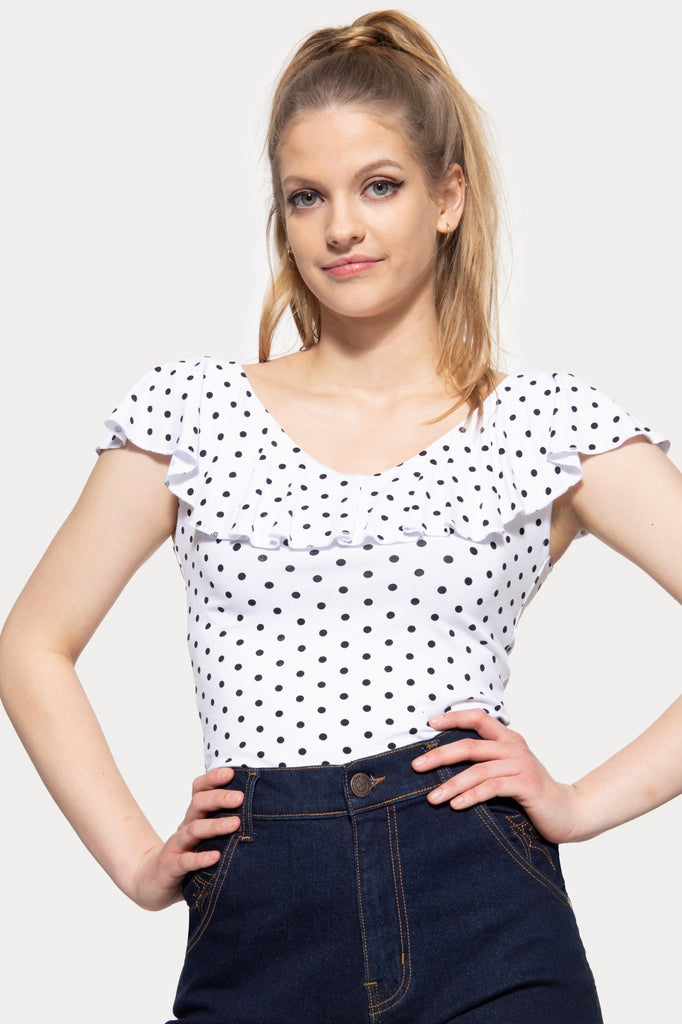 Queen Kerosin Volant Top mit Polka Dots